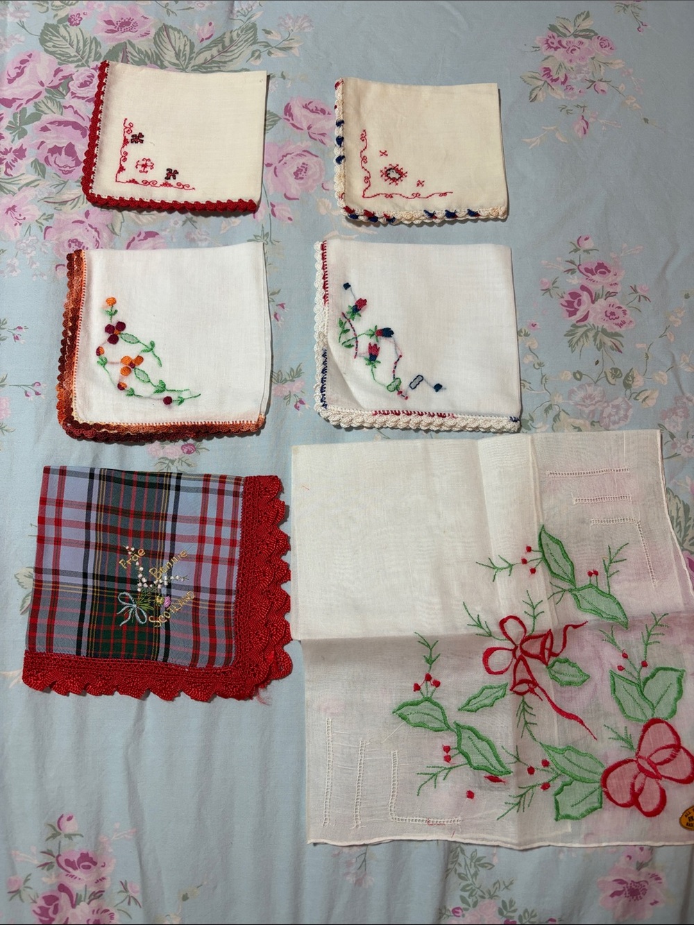 Embroidered Cotton Handkerchiefs - Red, Green, White